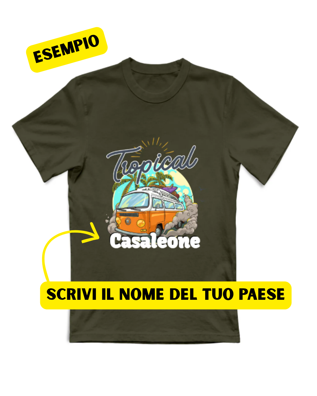 T-Shirt Personalizzata "Tropical [Nome Paese]" — Gadget del tuo Paesino
