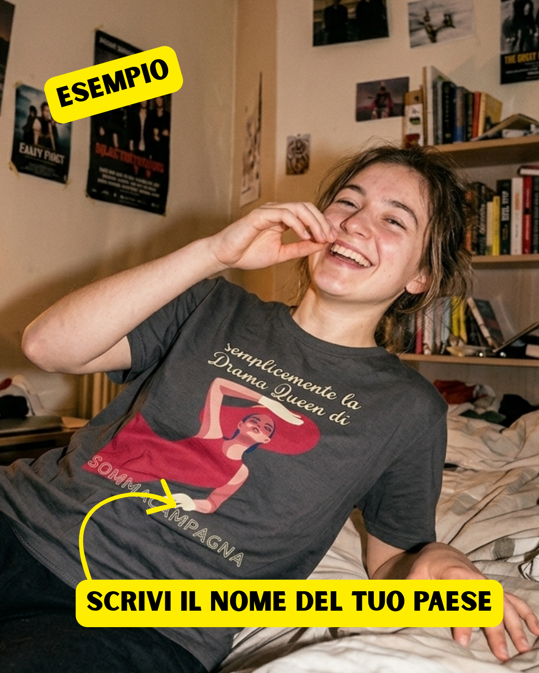 T-Shirt Personalizzata "Drama Queen di [Nome Paese]" — Gadget del tuo Paesino